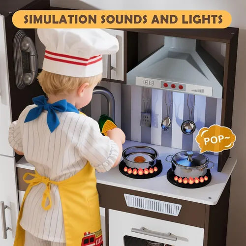 Vista 6 de JOYDIAS - Juego de cocina para niños, juego de cocina de madera con sonido y luz, horno, máquina de hielo, pizarra y caja de almacenamiento