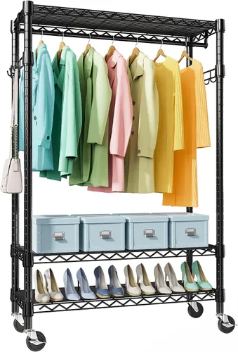 Vista 11 de M MZG Perchero resistente con ruedas de 3 niveles de alambre ajustable con 3 varillas y ganchos laterales, estante de ropa para armario, color Negro