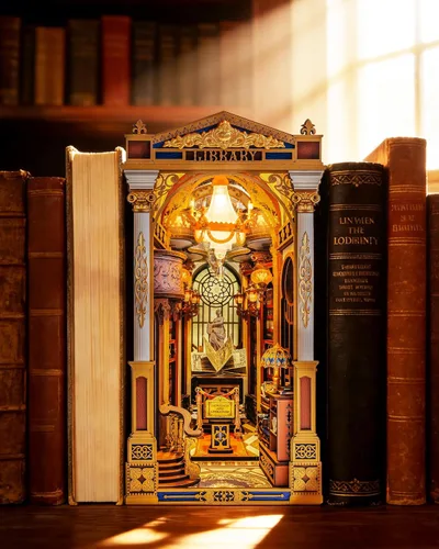 Vista 4 de Rolife Kit de rincón de libro de bricolaje – Rompecabezas de madera 3D de la Biblioteca de las Maravillas Casa barroca en miniatura con gran