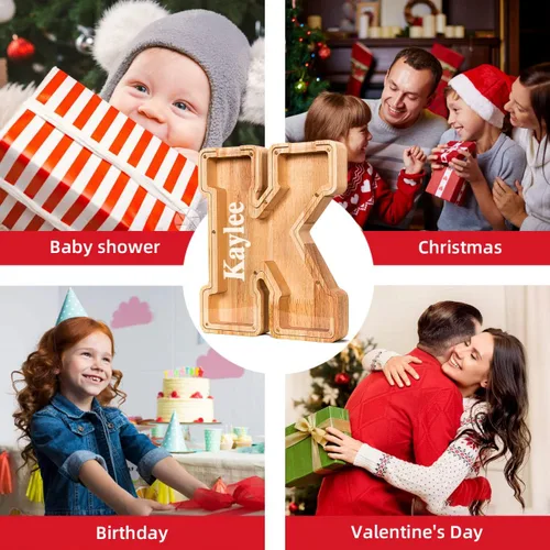 Vista 7 de SummiDate Alcancía de madera de letra para niños y niñas, Alfabeto, personalizada, regalo de cumpleaños y pascua para niños (A)