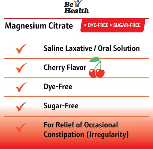 Vista 2 de Be Health Solución oral de citrato de magnesio, laxante salino, sabor a cereza, paquete de 12, fabricado en Estados Unidos, 10 onzas líquidas