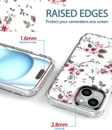 Vista 4 de Feitenn Funda para iPhone 15, policarbonato transparente + TPU suave a prueba de golpes, diseño de flores Beatuy con protector de pantalla de vidrio