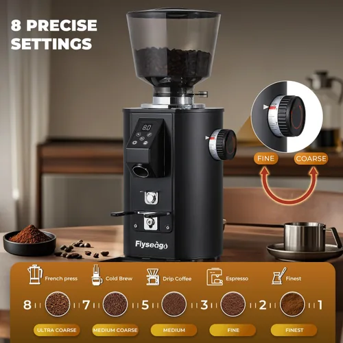 Vista 2 de Molinillo de café comercial resistente, control de botón de rebabas planas de 2.520 in, color negro 8 Precise Grind Settings, Stainless Steel