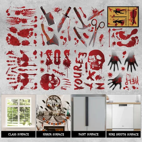 Vista 6 de Decoraciones de Halloween, 8 hojas de huellas de manos sangrientas, calcomanías espeluznantes para ventana, calcomanías de tatuaje, espejo de pared