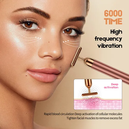 Vista 5 de Masajeador facial 2 en 1 Beauty Bar de pulso dorado de 24 quilates, rodillo 3D eléctrico y en forma de T, brazo ojo, nariz, cabeza, masajeador