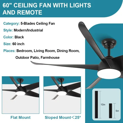 Vista 4 de Ventiladores de techo negros con luces y control remoto, ventilador de techo de perfil bajo de 5 aspas de 60 pulgadas, modernos ventiladores