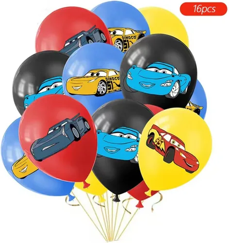 Vista 3 de 52 piezas de suministros para fiesta de cumpleaños de autos, juego de decoración de fiesta incluye cartel, telón de fondo, globos, remolinos