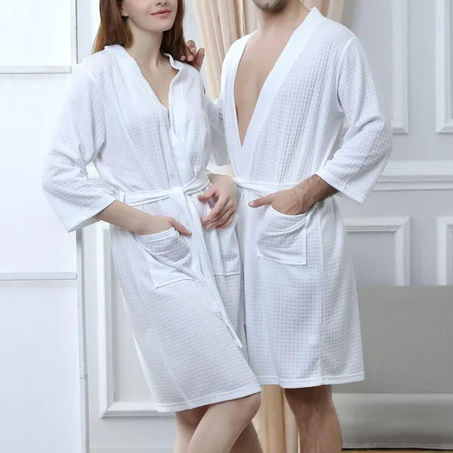 Vista 5 de Lu's Chic Men's Waffle Kimono Robe Lightweight Spa Bathrobe Pockets Turkish Hotel Nightgown