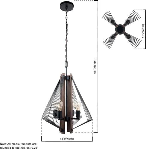 Vista 5 de Zenith - Lámpara colgante de 4 luces de madera y marco de metal moderno Pendat - Negro y madera