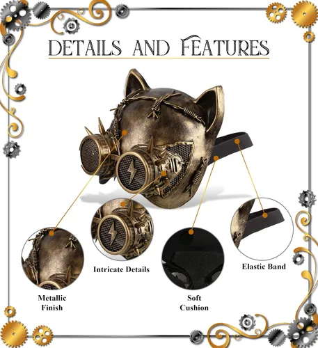 Vista 3 de Attitude Studio Steampunk - Juego de 2 máscaras metálicas de gato, color dorado y plateado