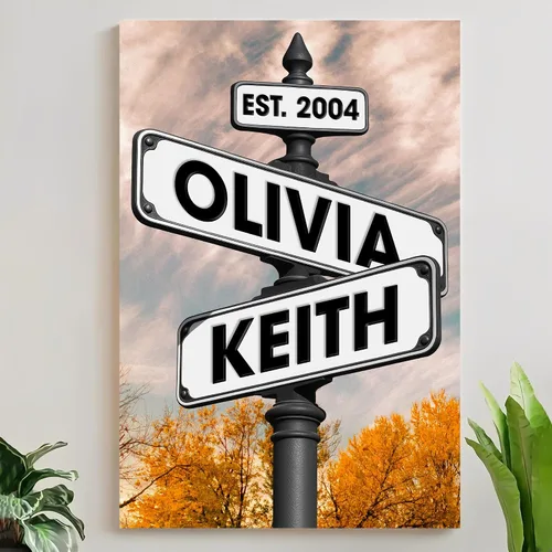 Vista 10 de Mapileng Lienzo personalizado de Crossroads Street Sign para parejas, nombres personalizados y fecha, arte de pared vintage, regalo del día de San