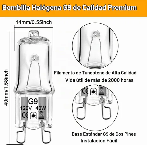 Vista 2 de Bombilla halógena G9 de 40 W, 120 V, T4, tipo JCD, bombillas halógenas de 2 pines para candelabros, luces de gabinete, luces de campana extractora