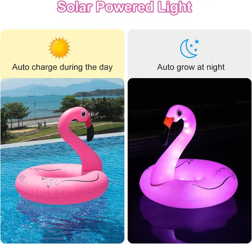 Vista 3 de Inflatable Flamingo Pool Floats with Lights, FlyfreeU Solar Powered Pink Pools Flamingo Float Rings, 42'' Lake Beach Floaties Swimming Rings Summer