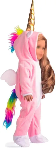 Vista 3 de Ropa para muñeca de 18 pulgadas, disfraz de unicornio, pijama y mameluco con arcoíris, pinzas de pelo con moño. Se ajusta a muñecas de 18 pulgadas
