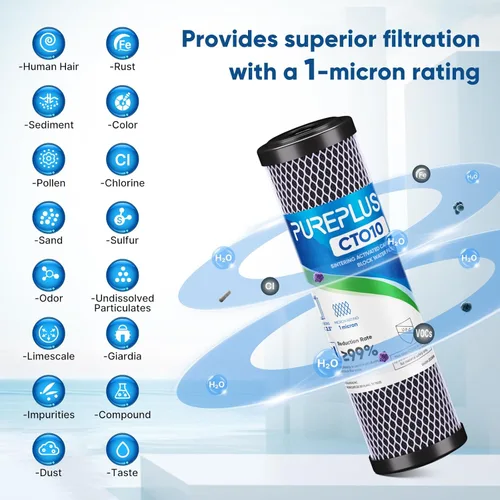Vista 4 de Cartucho de filtro de agua de carbono CTO de 1 micrón, 2.5 x 10 pulgadas, repuesto para sistema de filtro de agua debajo del fregadero, Dupont