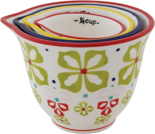 Vista 4 de Creative Co-Op Tazas medidoras de gres estampadas a mano con estampado floral (juego de 4 tamaños/diseños)