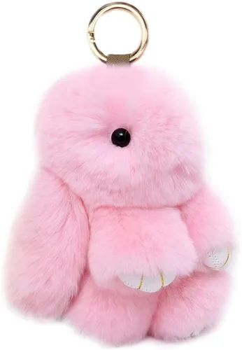 Vista 19 de jtkdxqs Llavero suave y lindo de conejo, de piel de conejo artificial, pompón esponjoso, para mujer Beige