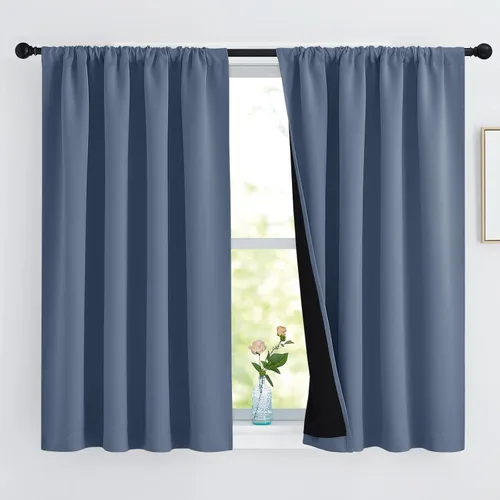 Vista 96 de NICETOWN Biscotti Beige 100% Cortinas opacas de 45" de largo para cocina, bolsillo con varilla para sótano completamente opaco, cortinas térmicas