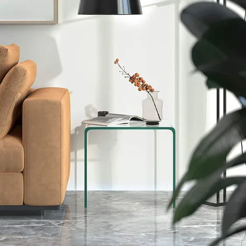 Vista 2 de Mesa auxiliar de vidrio templado, mesa de café transparente en forma de U con esquinas redondeadas y almohadilla antideslizante para el pie, mesa