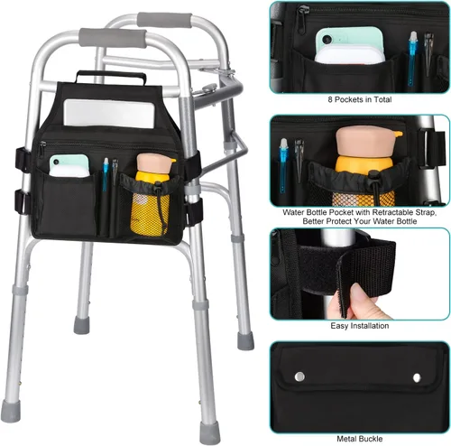 Vista 3 de supregear Bolsa lateral para andador, bolsa de accesorios para andador con portavasos, cesta plegable para andador impermeable, organizador caddy