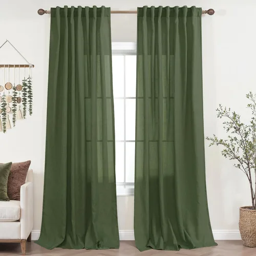 Vista 95 de Cortinas rústicas color beige tostado de 42 x 84 pulgadas de largo para sala de estar, juego de 2 paneles transparentes de lino natural, imitación