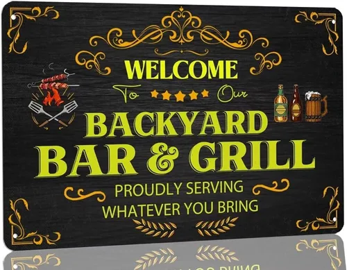 Vista 8 de Letrero de metal vintage con texto en inglés «My Happy Place Bar Open To Good Times & Good Friends», letreros divertidos de cerveza para el hogar