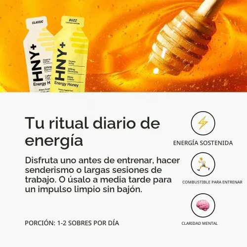 Vista 4 de HNY+ Buzz - Gel energético de miel orgánica con electrolitos, 50 mg