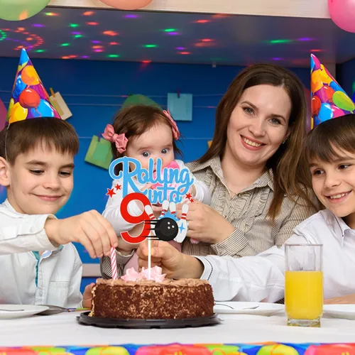 Vista 7 de Bowling Rolling Into 9 Happy 9th Birthaday - Decoración para pastel de boliche de 9º cumpleaños con purpurina - Decoración de pastel de boliche