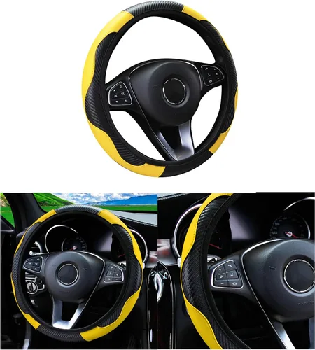 Vista 13 de Funda de volante de coche, 38 cm, de fibra de carbono, de microfibra, de PU, de cuero elástico, protector de volante antideslizante y transpirable