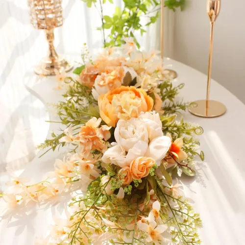 Vista 4 de Guirnalda de flores artificiales de peonía para puerta delantera, flores de arco de boda, 29.5 pulgadas con hortensia para dintel, boda, arco Naranja