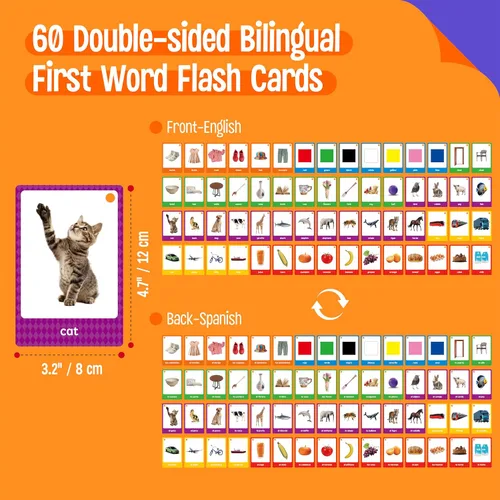 Vista 2 de 60 tarjetas flash en inglés y español, tarjetas de sustantivos de doble cara, palabras bilingües de visión – animales, colores, alimentos