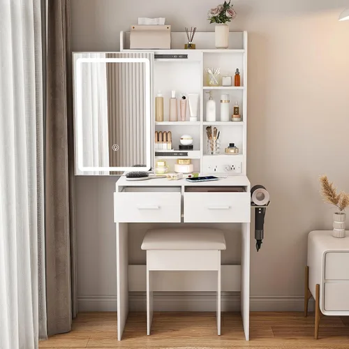 Vista 10 de Juego de Tocador Pequeño con Espejo Iluminado y Taburete, Juego de Mesa de Maquillaje Compacta con Luz - 3 Modelos de Colores, Mesa de Maquillaje