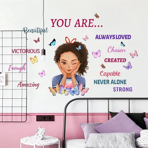 Vista 2 de Calcomanías inspiradoras de pared para niña negra, sacinora con frases motivacionales de mariposas, vinilo extraíble para despegar y pegar