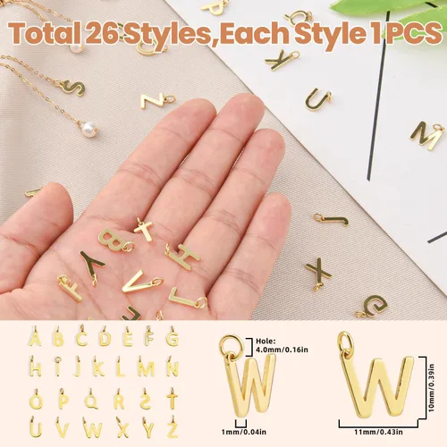 Vista 2 de 26 dijes de letras del alfabeto A-Z rellenas de oro de 18 quilates para hacer joyas, dije con inicial del alfabeto A-Z, colgantes con purpurina