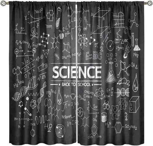 Vista 42 de Cortinas opacas para ventanas de ciencia para niños, lupa de libro de laboratorio de ciencia, lupa, frascos moleculares, cortinas impresas