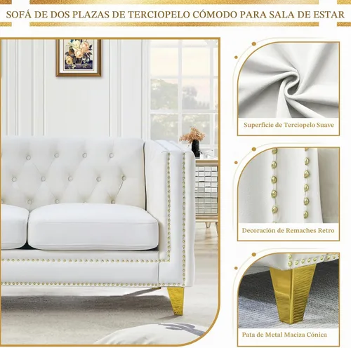 Vista 6 de Juego de 2 sofás de terciopelo para sala de estar, cómodo loveseat y sofá de 3 plazas, sofá moderno con respaldo acolchado y decoración de remaches