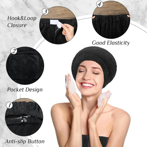 Vista 3 de Kinlop Juego de 4 toallas M para mujer, bata de spa con cierre ajustable, parte superior elástica y gorra para ducha de baño (negro)