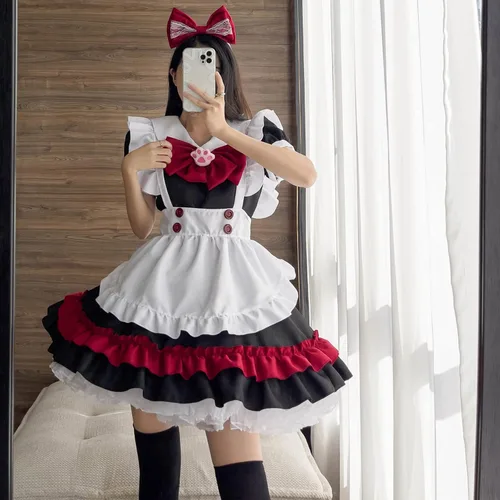 Vista 7 de Disfraz de sirvienta de talla grande disfraz gótico de Lolita negro y rojo disfraz de cosplay de anime para gatos y niñas Lolita lindo XXS