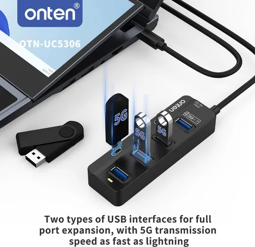 Vista 3 de Onten Concentrador USB C, 7 puertos USB tipo C HUB de 3.2 pies, 4 puertos USB3.0, 3 puertos USB-C para Thunderbolt 3/4 MacBook Surface Pro y más