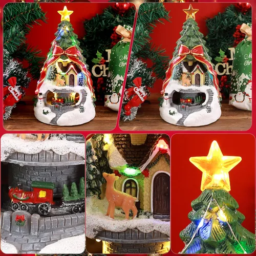 Vista 4 de Aldea musical de árbol de Navidad con luz, tren giratorio y ciervos