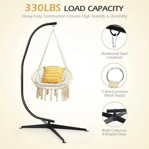Vista 4 de Giantex Hamaca Swing Silla con soporte, cuerda de algodón tejida a mano con soporte de acero sólido resistente C, hamaca colgante al aire libre