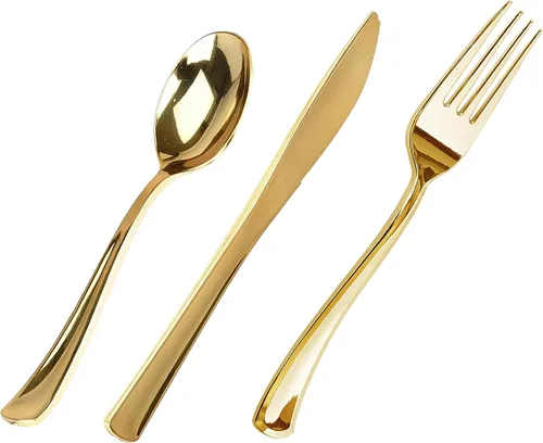 Vista 6 de FORKED - Cuchillos desechables de plástico dorado de 50 piezas, cubiertos de alta resistencia, cuchillos de sopa duraderos y desechables