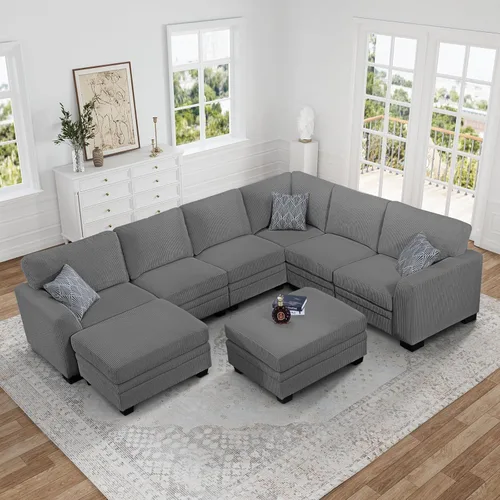 Vista 20 de Legend Vansen - Sofá modular de gran tamaño, sofá de pana en forma de U/L con otomana, asiento profundo y cojín extraíble, fácil montaje para sala