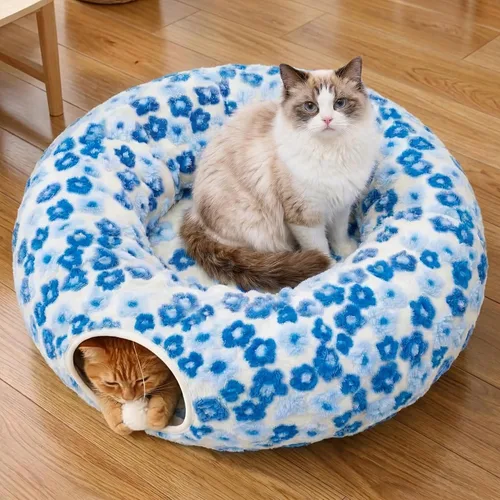 Vista 10 de Meowfia Túnel interior para gatos con cama de rosquilla, gran espacio de juego flexible para múltiples mascotas, forma de círculo o serpiente, salón