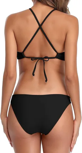 Vista 5 de beautyin - Bikini de cuello alto halter para mujer, diseño floral y a rayas, con espalda cruzada