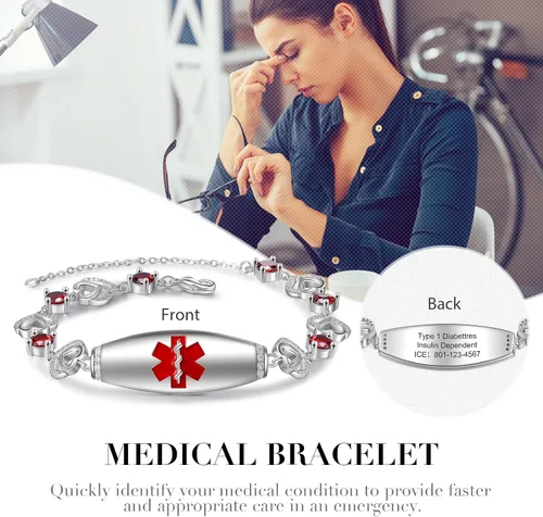Vista 5 de Pulseras de identificación médica personalizadas de acero inoxidable para mujeres