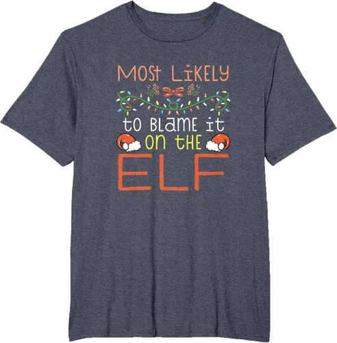 Vista 26 de Camiseta de Navidad familiar a juego con la frase "Most Likely To Blame It On The Elf" Negro