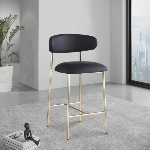 Vista 2 de Meridian Furniture 995Black-C Lupita Collection Modern Taburete contemporáneo con cuero vegano negro suave, marco de metal dorado cepillado, 20.5