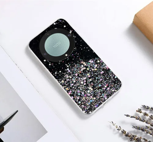 Vista 5 de Funda para teléfono Honor Magic 5 Lite, diseño brillante con purpurina para Honor Magic 5 Lite, funda transparente de silicona suave, estética Negro