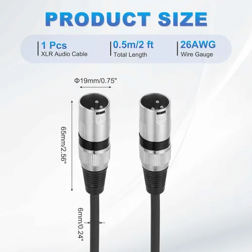 Vista 2 de MECCANIXITY Cable de micrófono XLR macho a macho de 2 pies y 3 pines, adaptador profesional de audio XLR, cables de micrófono para sistemas PA